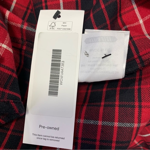 Off-White Red Black Plaid Check Flannel Buttoned Down Extra Long Shirt Size S - Picture 13 of 15